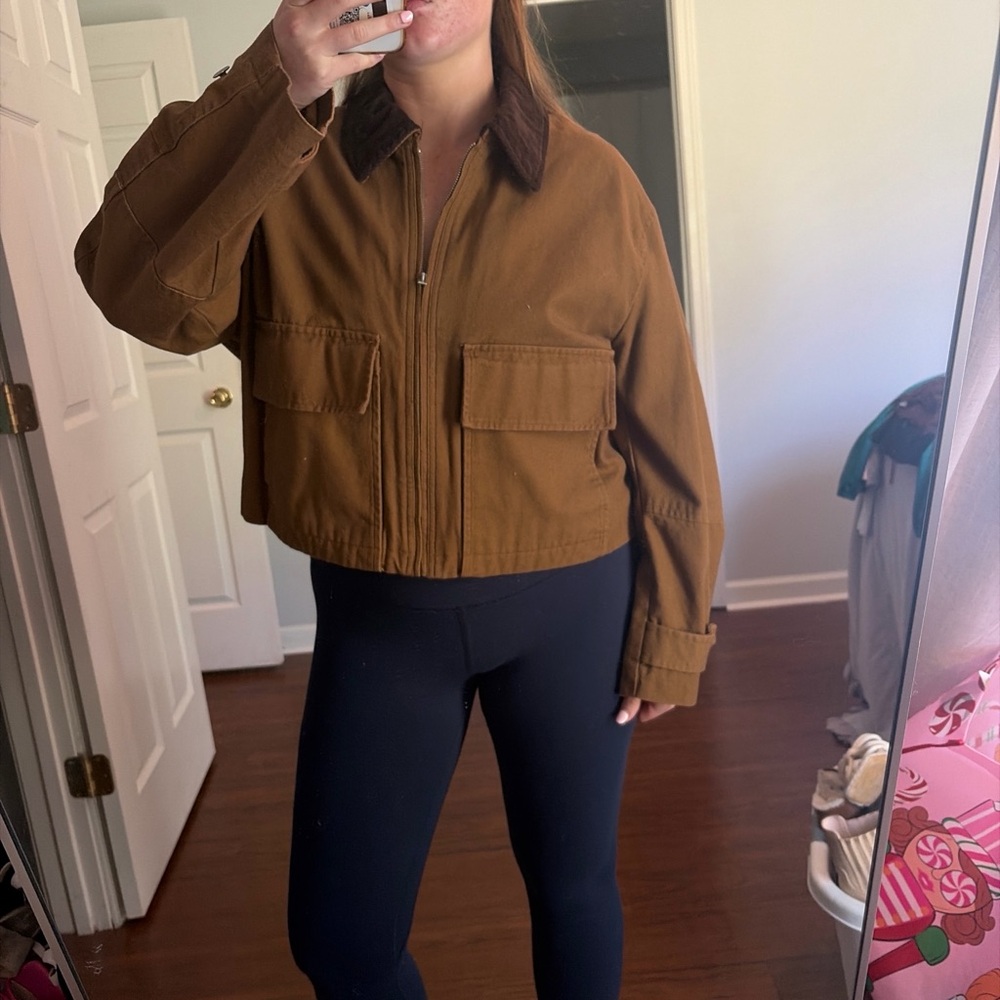 House of Harlow 1960 Cropped Brown Utility Jacket with Contrast Collar